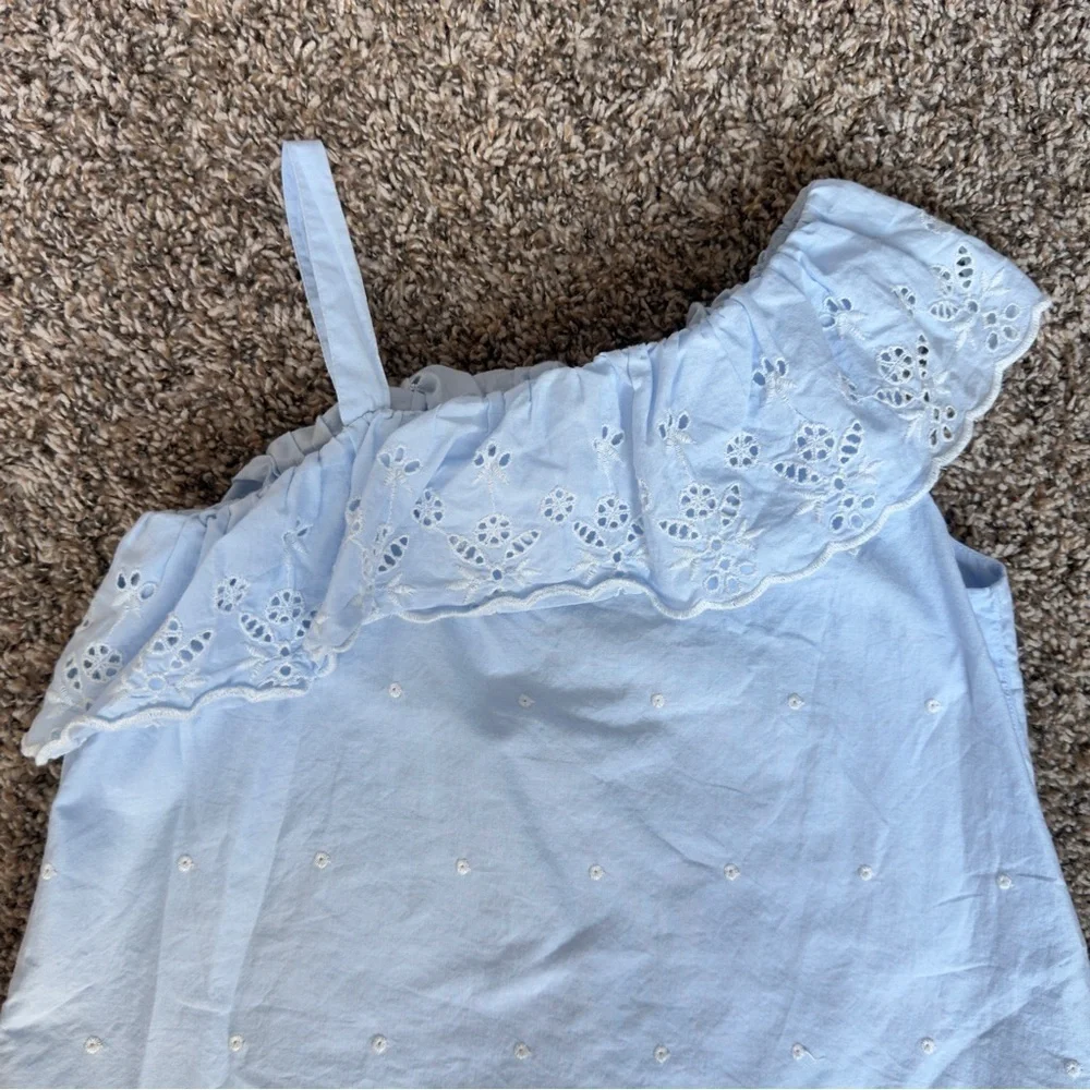 GAP Light Blue Eyelet Ruffle Blouse Kids Asymmetrical Eyelet Top Small